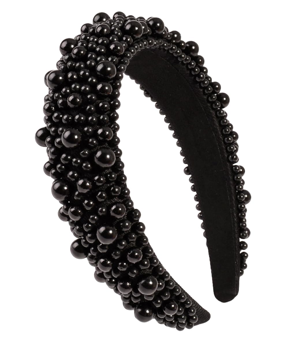 scicent Black Headband Faux Pearl Head Bands Wide Thick Hairbands Beaded Elegant Hair Hoop Styling Accessories for Women Girls 16801 — image 1