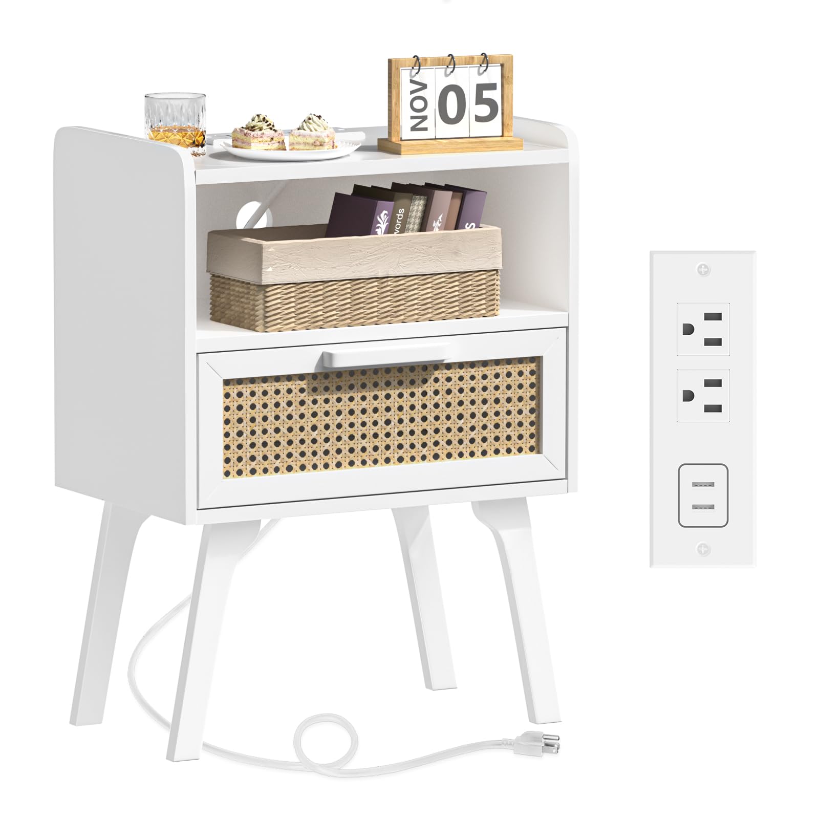 Lerliuo Rattan Nightstand with Charging