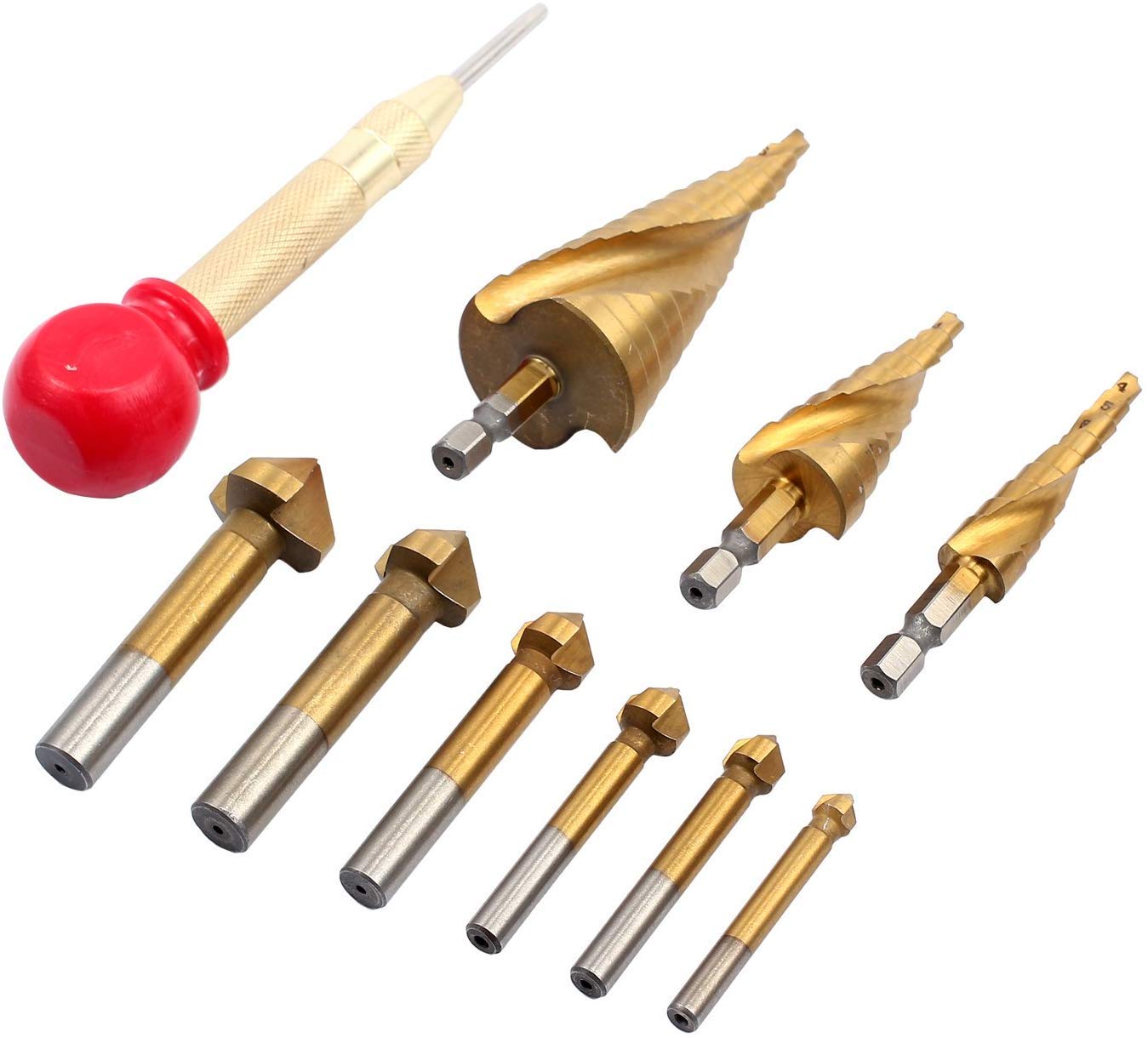Loboo Idea 10-Pieces/Set Step Drill Bit Kit Including 3PCS HSS Spiral Grooved Drills 4mm to 12mm/20mm/32mm and 6PCS 6.3-20.5mm 90° HSS Countersink Bits and a 5 Inch HSS Center Punch with Rubber Cap