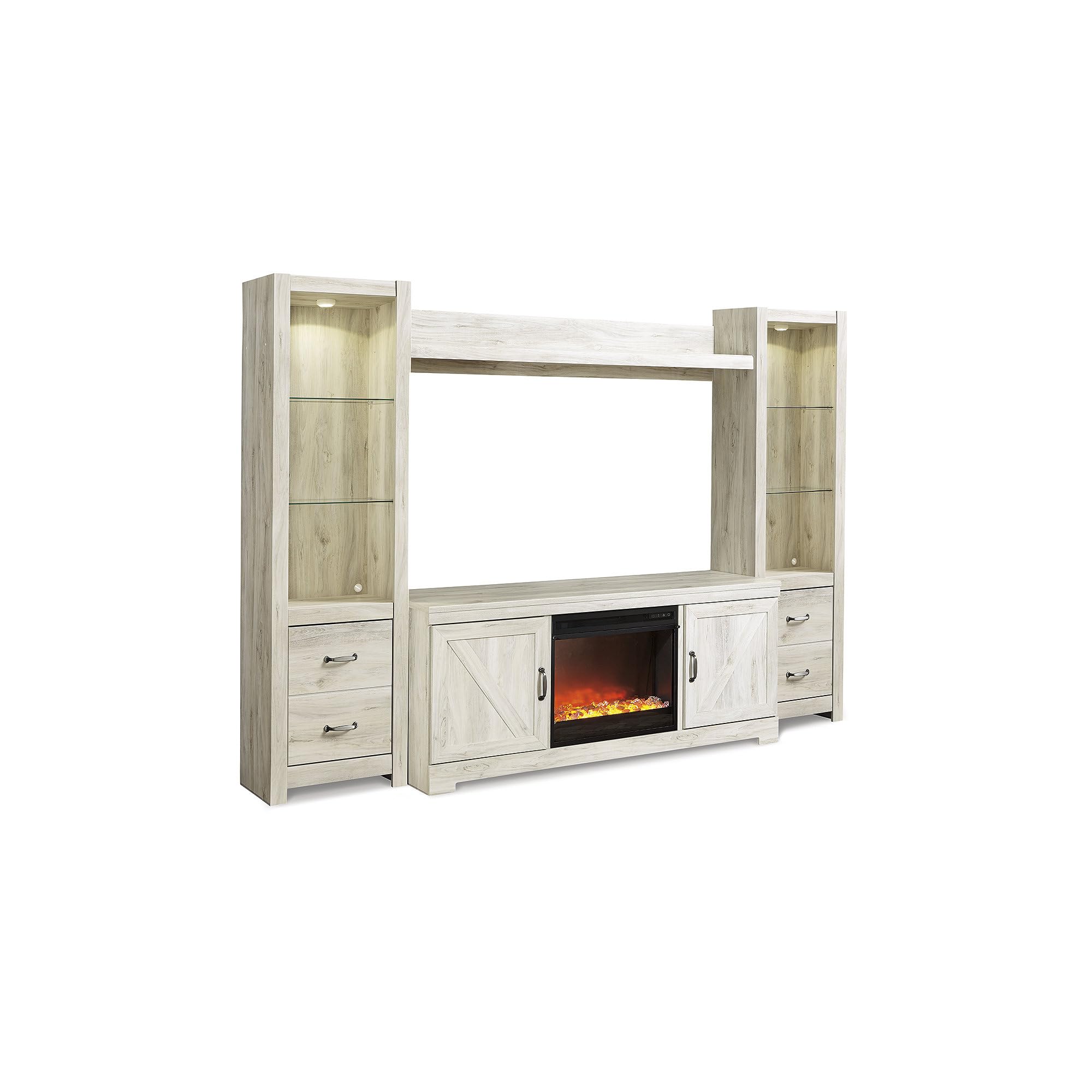 Photo 1 of Signature Design by Ashley Bellaby Farmhouse 4-Piece Entertainment Center for TVs up to 72" with Fireplace and LED Lighting, Whitewash