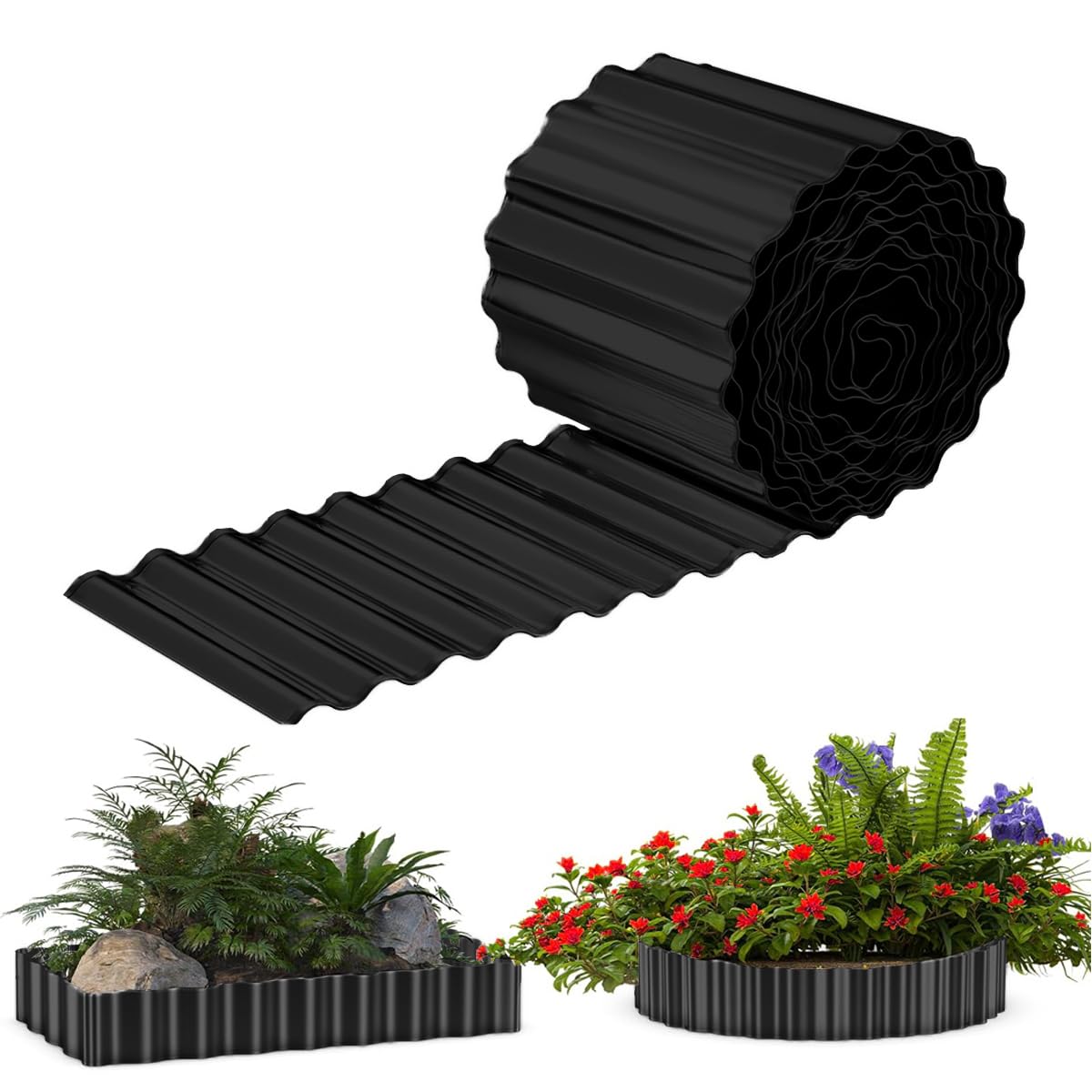 6 IN x 40 FT Metal Lawn Edging Borders,Corrugated Galvanized Garden Edging Border,Landscape Edging,Flexible Long Strips DIY Edging for Vegetables Raised Bed, Flower Tree Surrounds -Black