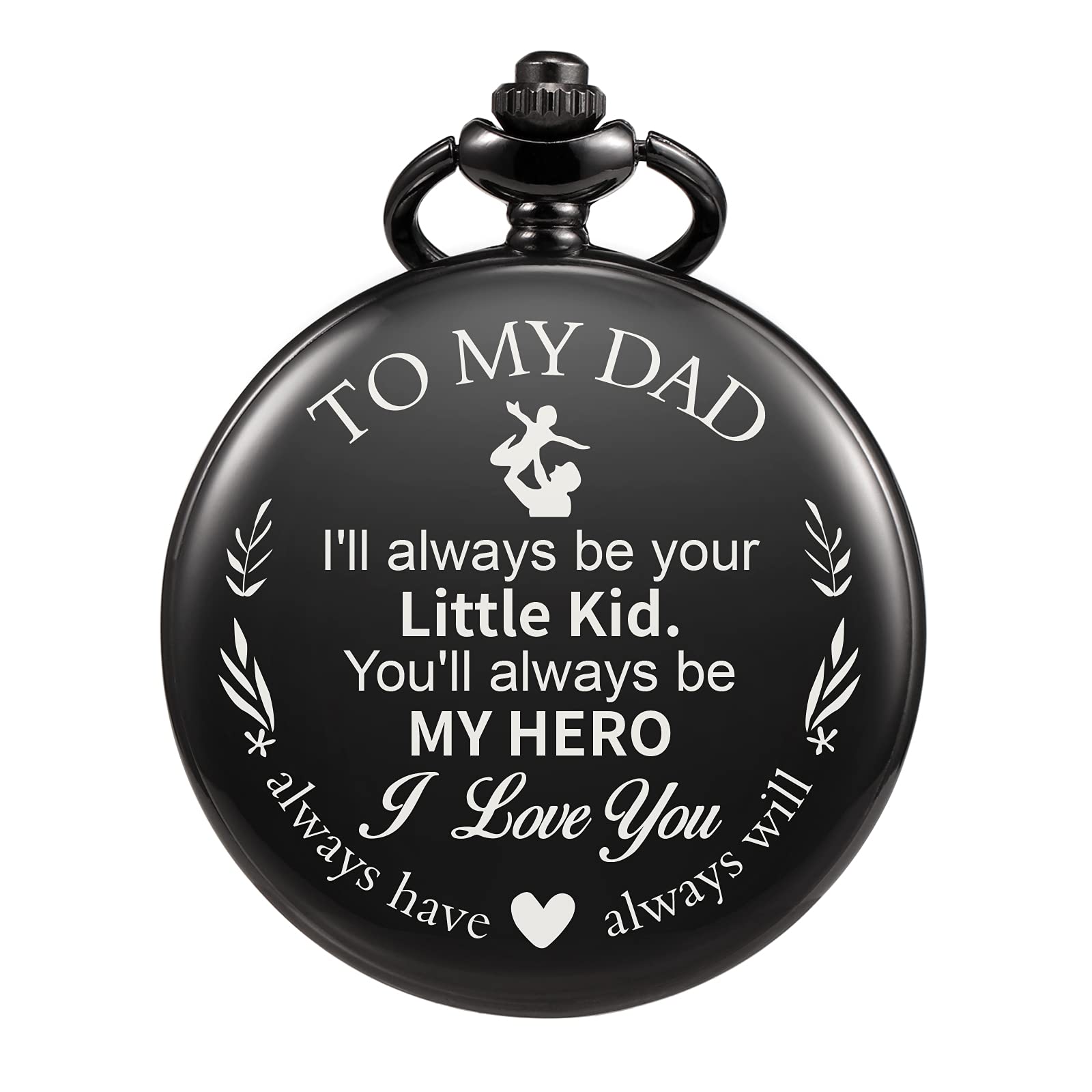 TREEWETO Mens Quartz Personalized Black Pocket Watch Engraved Engraving Customized with Chain Gift Box for Dad Father Papa Uncle Grandpa Grandfather Love