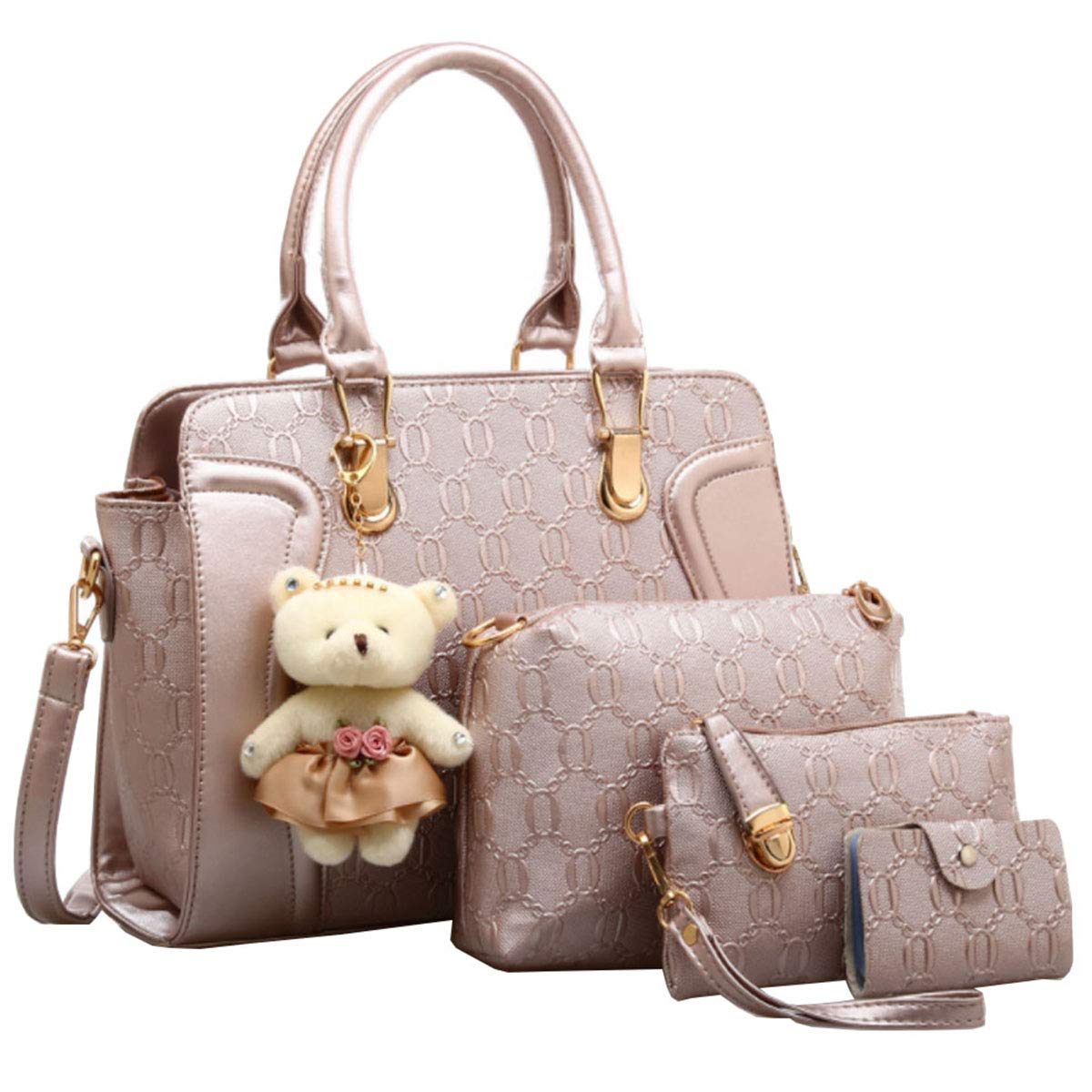 FiveloveTwo Women Ladies 4Pcs Handbag Set Tote Satchel Shoulder Bag PU Top Handle Bag Purse Clutch Card Holder with Bear Ornaments