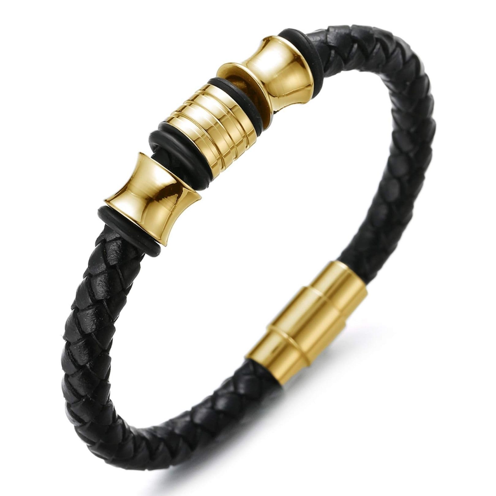 HALUKAKAH Kids ● Honor Junior ● Boy's Genuine Leather Bracelet Black 6-12 Y/O. Titanium Gold Silver Beads Magnetic Clasp 7"/18cm with Free Giftbox