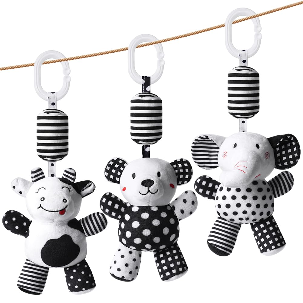 Aolso Baby Pram Pushchair, 3Pcs Hanging Rattle, Black and White, High Contrast Sensory Educational Toy, Newborn Car Seat Toys for Boys and Girls (Bear/Calf/Elephant)