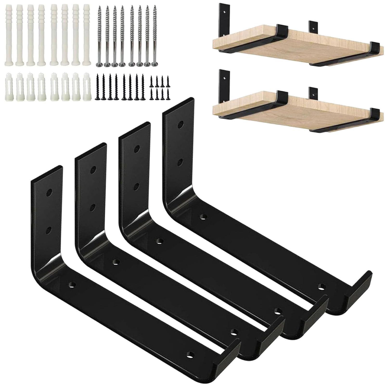 4Pcs Heavy Duty Shelf Brackets, 300mm(12 inch) Black Industrial Metal Scaffold Board Shelf Bracket, L Shape Shelf Bracket for Wall Mounted Shelves with Matching Screw and Anchors, 300x30x106mm