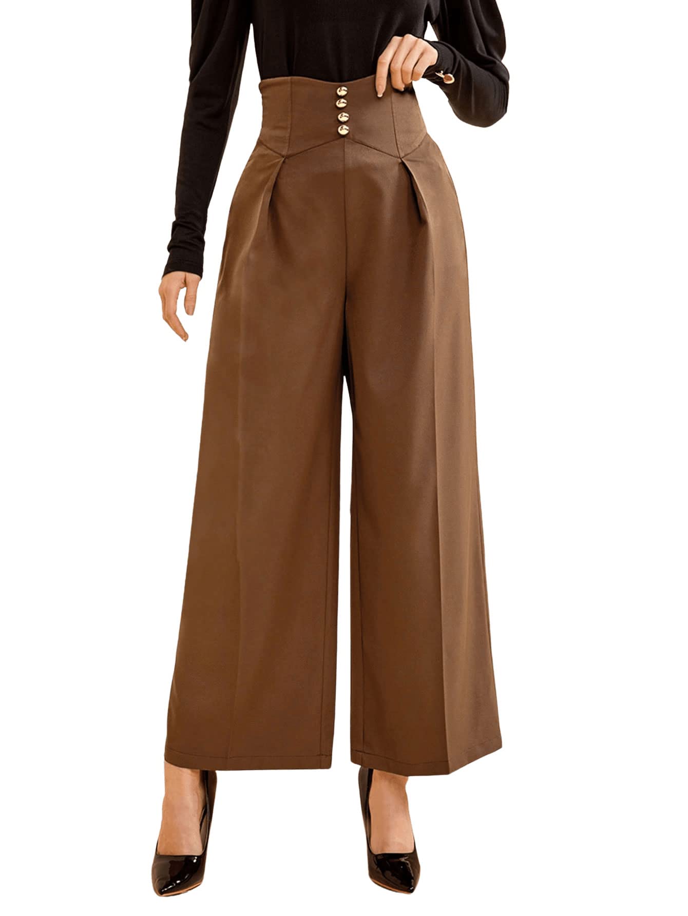 Photo 1 of SweatyRocks Women's Elegant High Waist Pleated Pants Button Front Wide Leg Trouser Pants Mocha Brown XL