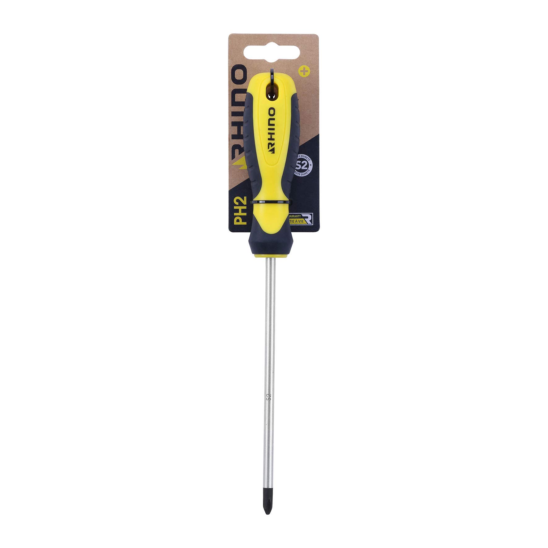 RHINO 15062 Phillips Screwdriver PH2 x 150 mm - S2 Steel Blade - Ergonomic Handle - Magnetic Bit - Professional Use - Various Sizes Available, NC, 150 mm