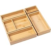Ninebendstreams Bamboo Drawer Organizer Set, 5 Piece Flexible Layouts | Multipurpose Modular Wooden Storage Trays, Kitchen, Bathroom, Vanity Office Desk, Decluttering Solution, Makeup, Office