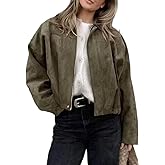 Famnbro Womens Suede Bomber Jacket Y2K Lapel Long Sleeves Zip Up Oversized Casual Coats Windbreaker Fall Outfits