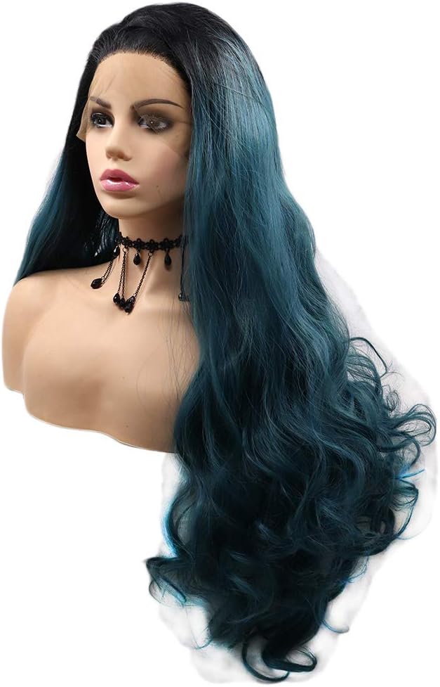 Long Wavy Blue Green Lace Front Wigs for Women Mixed Color Ombre Hair with Dark Roots Wig Heat Resistant Synthetic Wig Cosplay Party Halloween Daily Use Christmas Gtft 24inch - Image 4