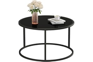 SAYGOER Black Glass Coffee Table Small Round Coffee Tables 27.6In Modern Tempered Glass-Top Accent Center Table for Living Room Home Office Small Space Easy Assembly