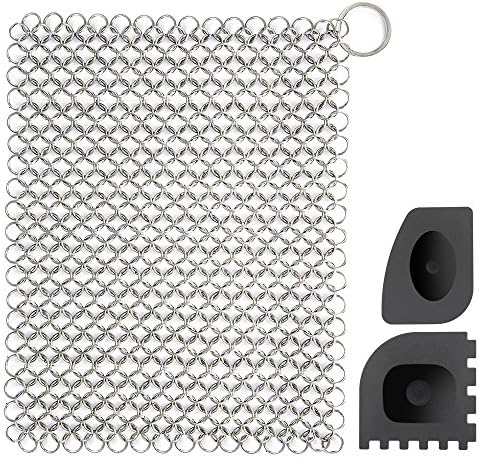 Empino 8x6 Stainless Steel Cast Iron Cleaner Chainmail Scrubber for Cast Iron Pan, Cast Iron Skillet, Pre-Seasoned Pan, Dutch Ovens, Waffle Iron and More - Pans Scraper Cast Iron Grill Scraper Include