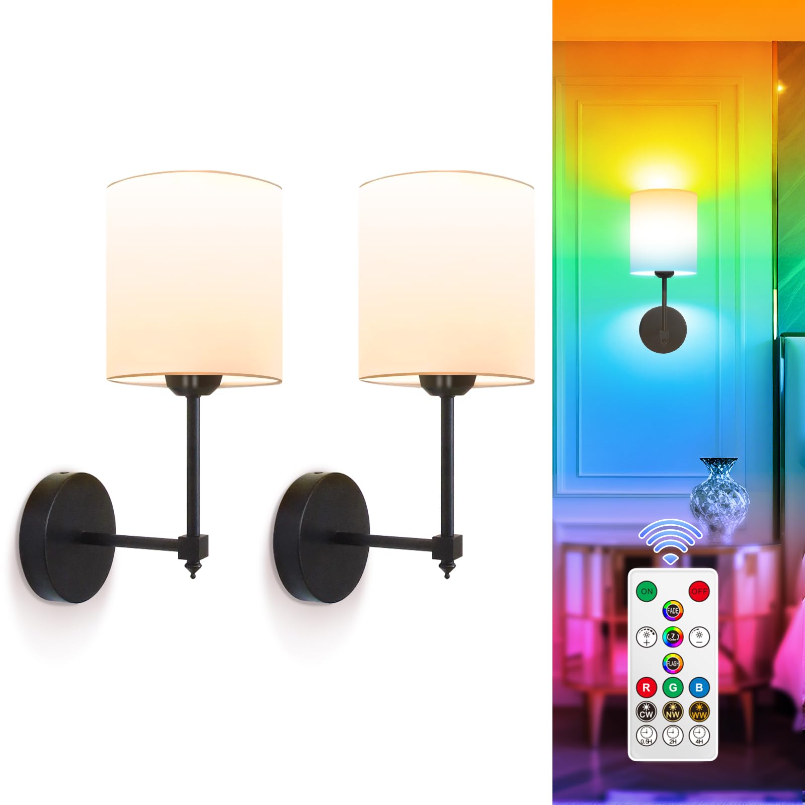 Photo 1 of Adetu Wall Lights Battery Operated Wall Sconces Set of 2, 5CCT Black Rechargeable Wall Lamp with Remote & Bulbs,10 RGB Dimmable Colors Wireless Wall Sconces for Bedroom Living Room Hallway