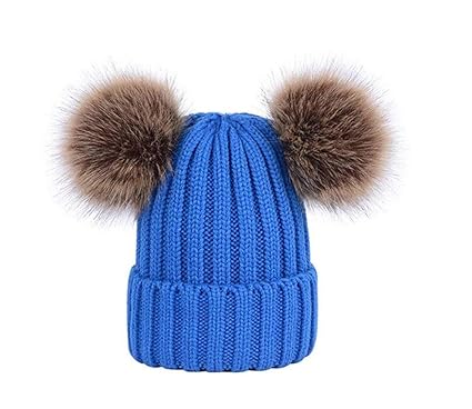 CULASIGN Damen Strickmütze, Warme Wintermütze Beanie Mützen mit zwei Pelzbommel Waschbär Raccoon Pelz