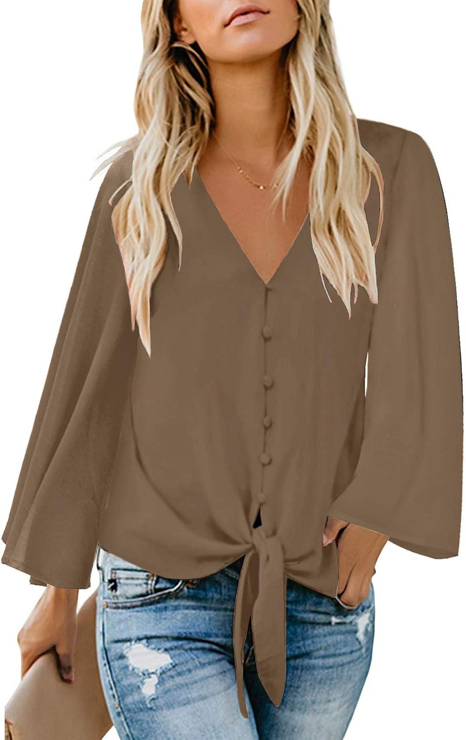 luvamia Women's V Neck Tops Ruffle 3/4 Sleeve Tie Knot Blouses Button Down Shirts at  Women’s Clothing store