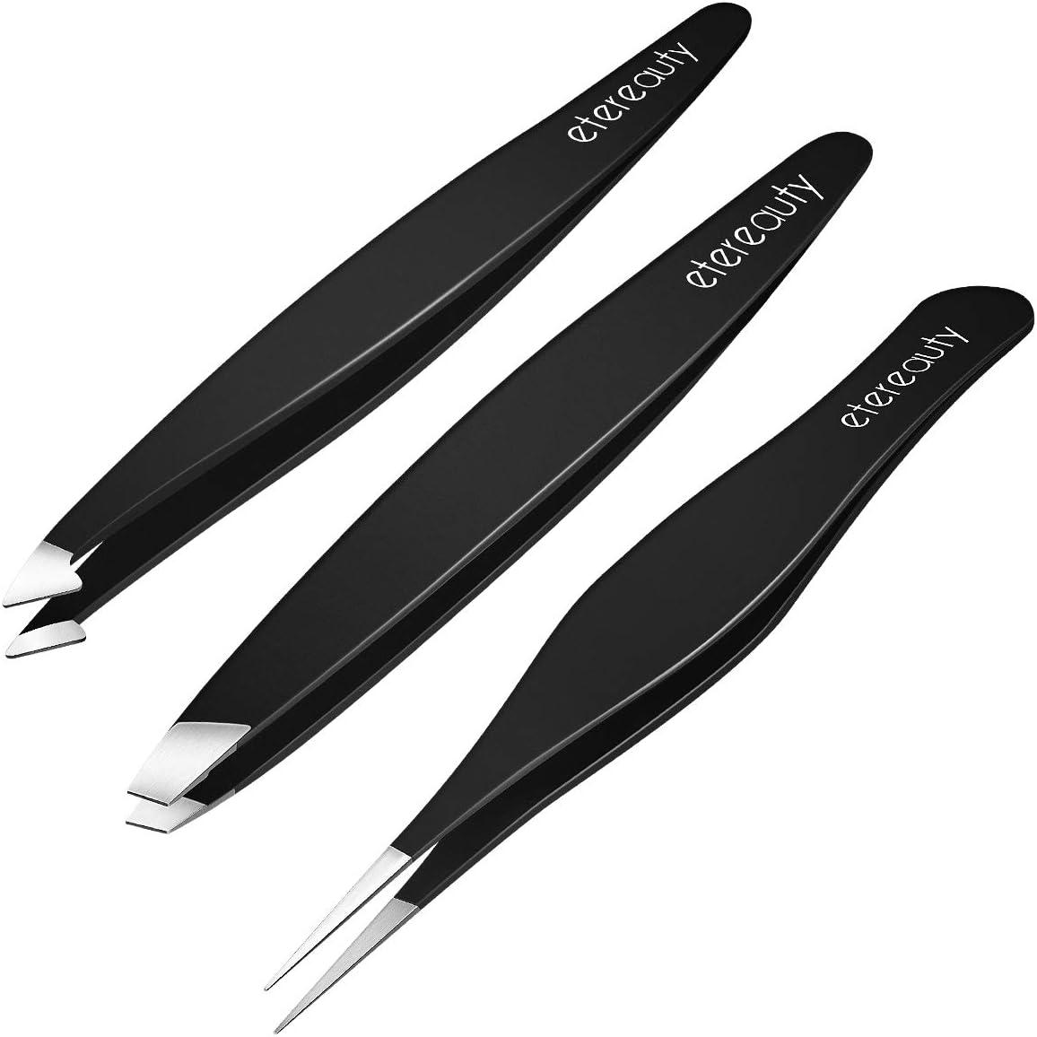 ETEREAUTY Tweezers Set, [2020 Upgraded] 3 Pieces Professional Stainless Steel Slant Tweezers for Eyebrows, Facial Hair, Ingrown Hair, Splinter (Tweezers)