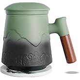 ZENS Tea Mug with Infuser and Lid for Loose Leaf Tea Steeper, 15.2oz Ceramic Tea Cup with Fine Tea Strainers and Absorb Coaster, Wood Handle Large Diffusers Mugs Tea Lovers Gifts