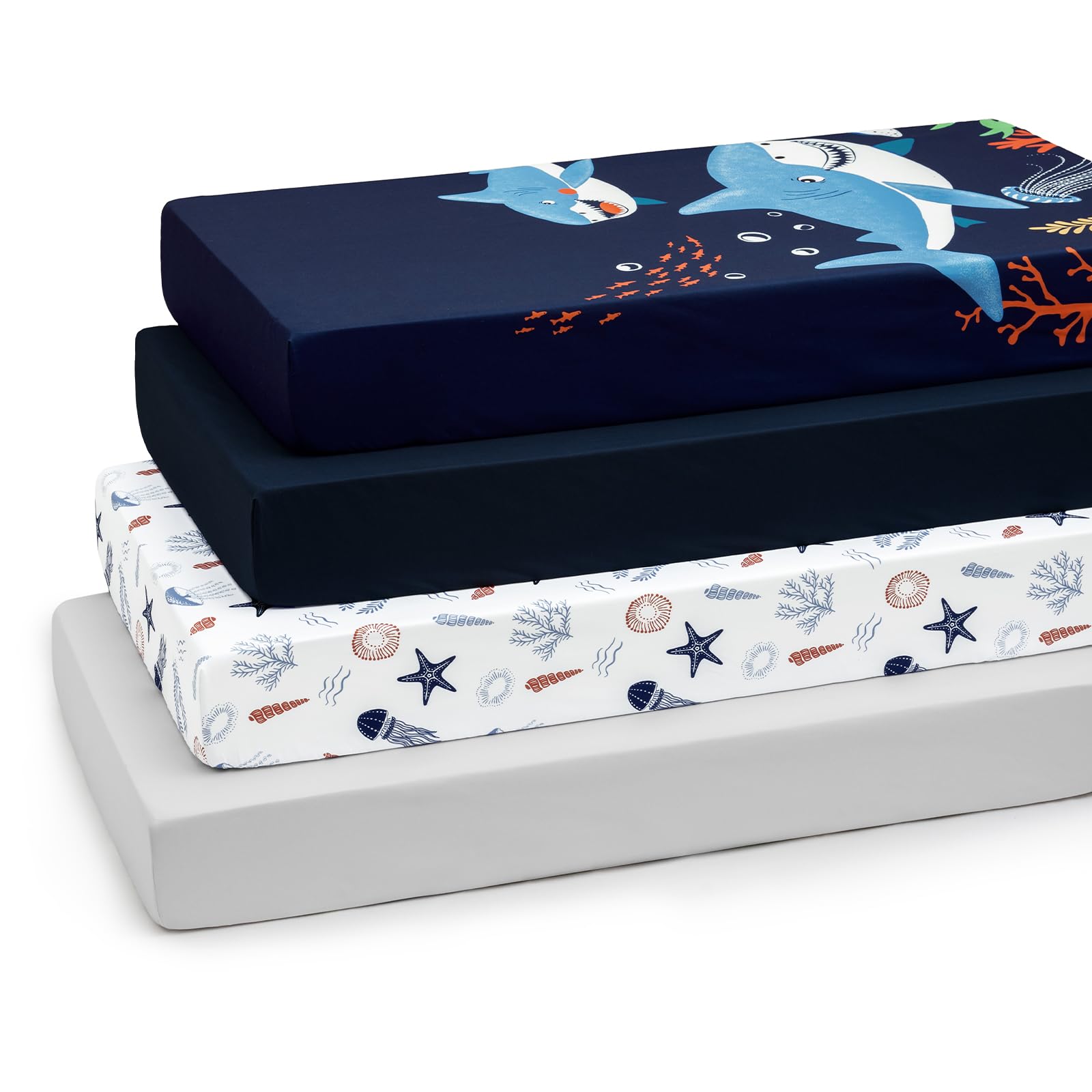 PHF 4 Pack Soft Shark Crib Sheets Fitted, Comfy Breathable Baby Sheets for Boys Girls, 28x52 Inches Fits Standard Crib and Toddler Mattresses, Shark Image