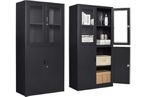 AFAIF 71”H Display Cabinet with Adjustable Shelves, 4 Door Display Cabinets with Glass Door, Black Metal Display case, Locking Steel Storage Caninet for Home/Office/Living Room -Assembly Required