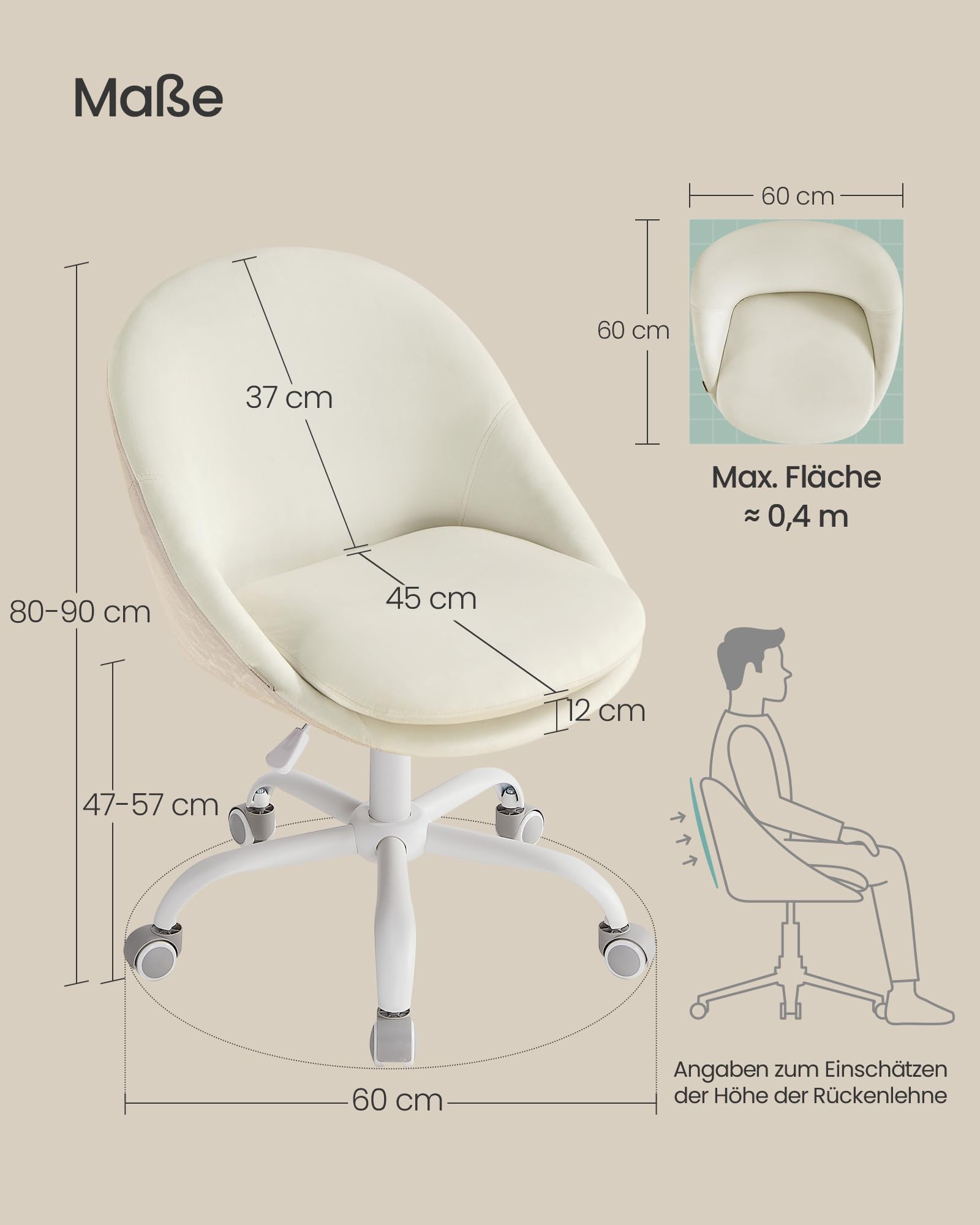 SONGMICS Homeoffice-Stuhl, Schminkstuhl mit Samt-Vorderseite, Schreibtischstuhl, Schaumstoffpolsterung, höhenverstellbar, für Arbeitszimmer, Schlafzimmer, cremeweiß OBG020WD01 7