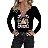 Tewmeu Cowgirl Outfits for Women Western Country Concert Graphic Tee Casual Notched Neck Long Sleeve Top