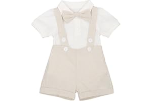 IDOPIP Baby Boys Formal Suit Set Short Sleeve Romper Suspenders Shorts Pants Bowtie Wedding Tuxedo Outfits Cake Smash Clothes