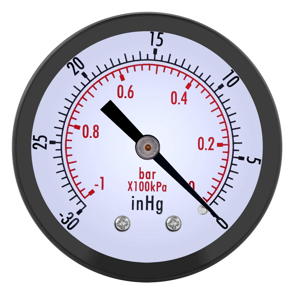 Oumefar 0-30inHg 0-1bar 50mm Mini Dial Air Vacuum Pressure Gauge Meter Manometer 1/4 Inch BSPT Back Mount Mini Dial Air Vacuum Pressure Gauge