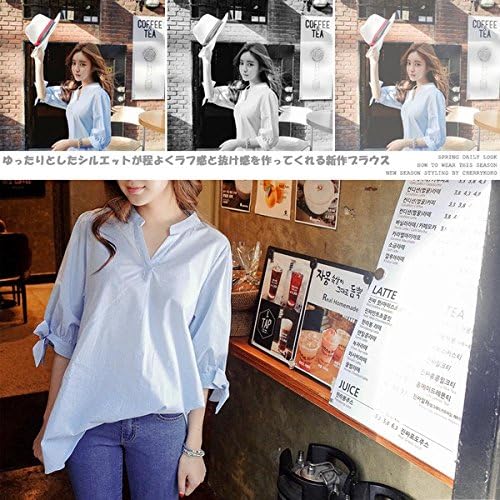 Amazon レディース ファッション トップス シャツ ブラウス 七分袖 Vネック ストライプ柄 シャツ レディース 半袖 シャツ ブラウス ブルーストライプ柄 フリー シャツ ブラウス 通販