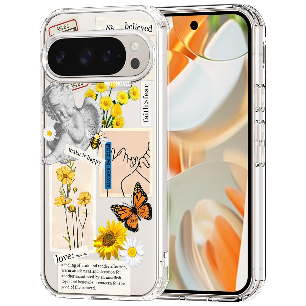MOSNOVO Case for Google Pixel 9 Pro XL, [Buffertech 6.6ft Military-Grade Drop Protection] [Anti Peel Off Tech] Clear TPU Bumper Phone Case Cover Design - Vintage Collage Art