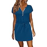 Womens Summer Casual Dresses Short Sleeve Striped Dress Boho Beach Vacation Tie Drawstring Waist Sun Dresses with Pockets