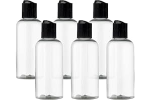 ljdeals 4 oz Clear Plastic Empty Bottles with Black Disc Top Caps, Refillable Cosmetic Containers for Shampoo, Lotions, Cream and more Pack of 6, BPA Free, Made in USA