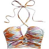 MakeMeChic Women's Floral Tie Dye Halter Top Ruched Criss Cross Cut Out Boho Crop Tops