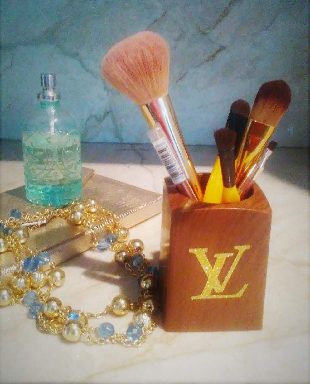Wood tone Makeup Brush Holder Container w Gold Painted Glitter Letters. GIft