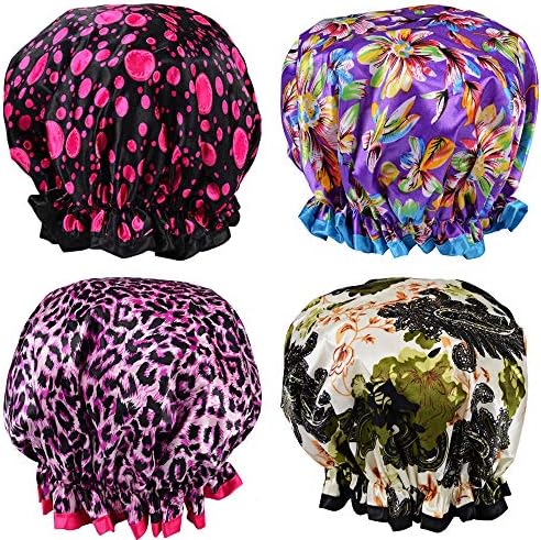 Shower Cap Bath Caps Hat Designed for Women & Girls Waterproof caps Reusable Double Layer Bath accessories (4 Pack)