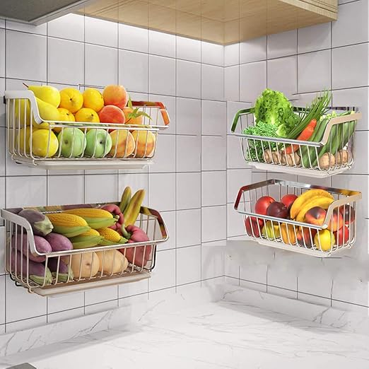 Amazon Com Wire Storage Basket Stackable Hanging Wall Shelf Fruit Vegetable Organization Pantry Cabinet Metal Bin For Kitchen Counter Bathroom Shelves Storage Set Of 2 Baskets 2pcs Home Improvement