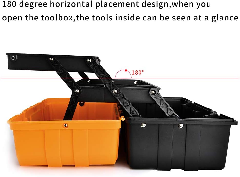 17-Inch Multi-Purpose 3-Layer Toolbox with Tray and Dividers, Household Plastic Tool Organizers, Orange Folding Storage Box - - 