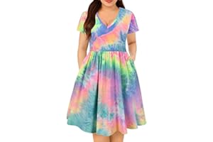 CARCOS Plus Size Dresses for Curvy Women V Neck Short Sleeve Dresses Floral/Striped Summer Boho Dresses with Pocket XL-5XL