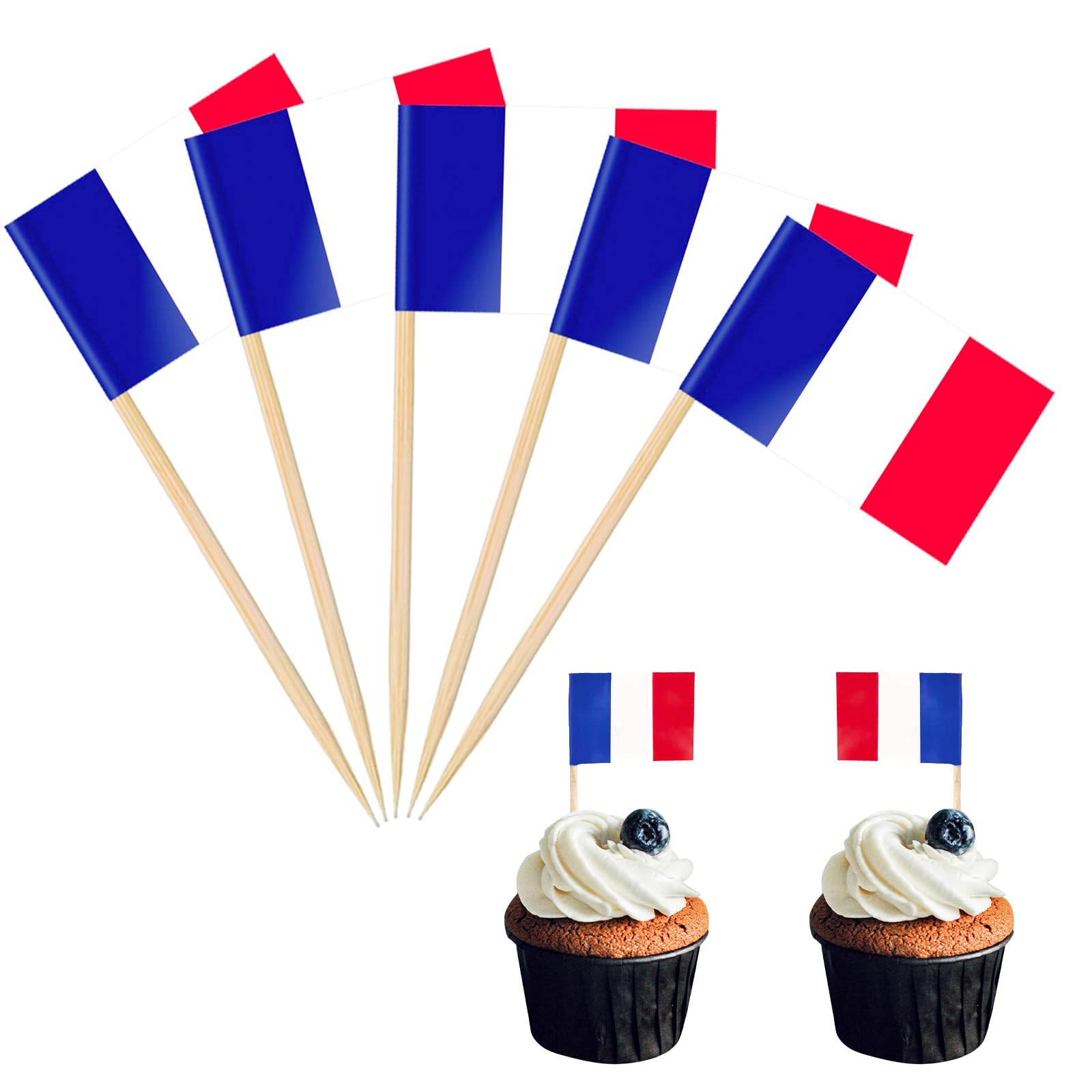 100Pcs Mini France Flag Toothpicks Cupcake Toppers,French Flags Cocktail Sticks Wooden Cake Toppers Sandwich Decorations for Eurovision Party,Euros Football Game,Olympics 2024 Decorations