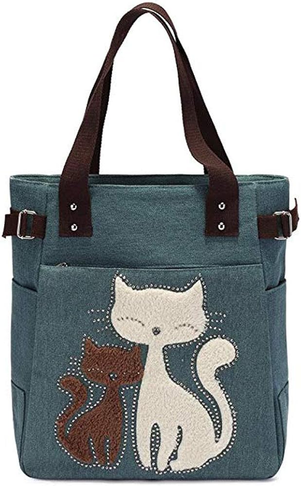 Valentoria Cute Cat Design Multifunction Women's Canvas Zipper Closure Handbag Shoulder Lunch Tote Bag with Large Capacity Best Gifts for Teen Girls