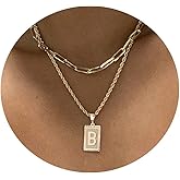 Tasiso 14K Gold Layered Initial Pendant Necklace Dainty Layering Paperclip Link Rope Chain Choker Necklace for Women Personalized Square A-Z Alphabet Letter Necklace Jewelry Gifts