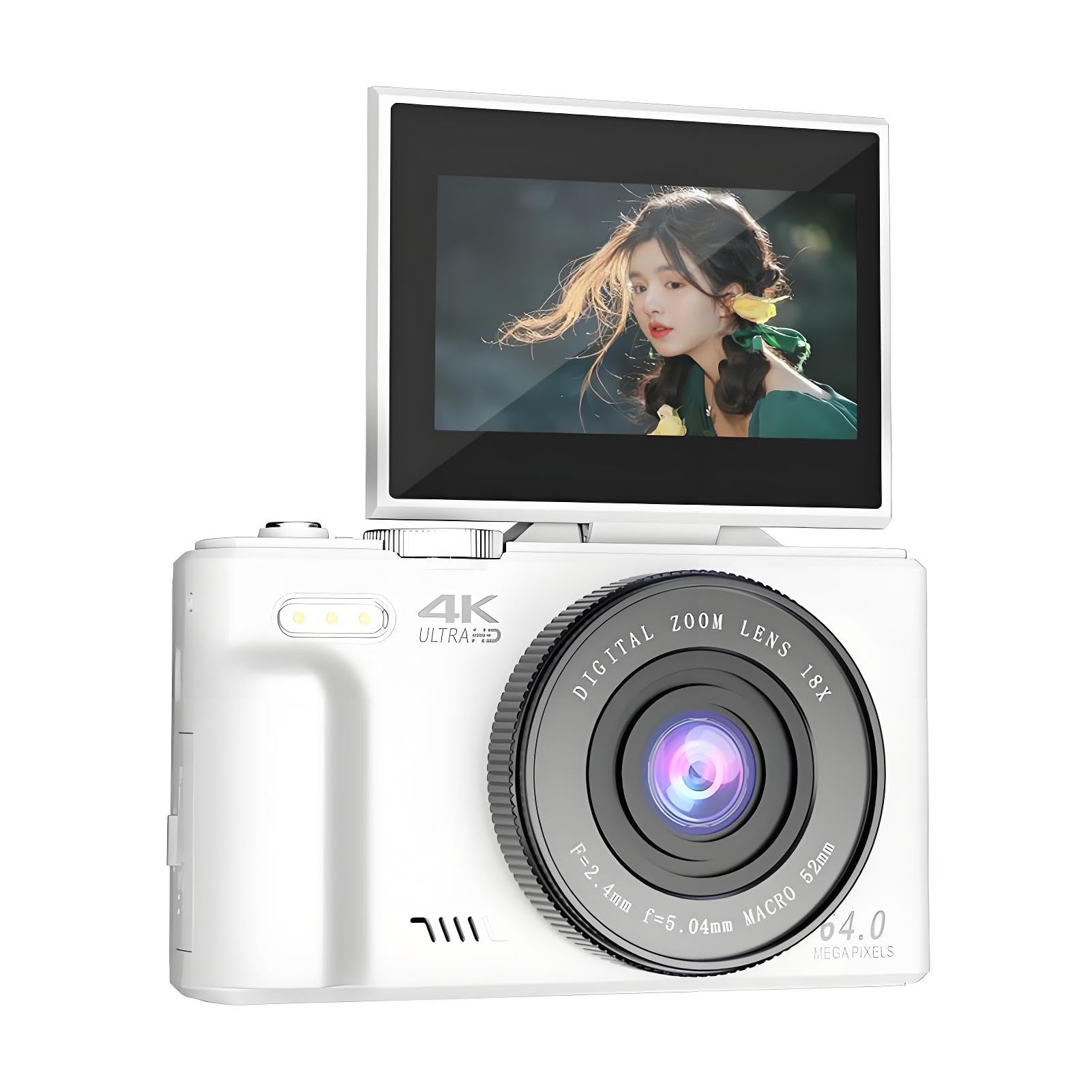 4K Digital Camera for Photography, 64MP Vlogging Camera for YouTube,3"×180° Flip IPS Screen,18X Digital Zoom Compact Retro Camera with Battery (White)
