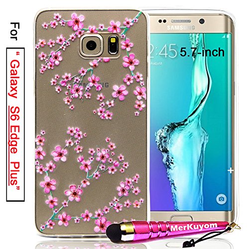 Fit [Galaxy S6 Edge Plus], (5.7”) Galaxy S6 Edge Plus Case, MerKuyom - [Pink Flower Floral] Transparent Soft Gel TPU Cover + Stylus For Samsung Galaxy S6 Edge Plus / S6 Edge+/ SM-G928