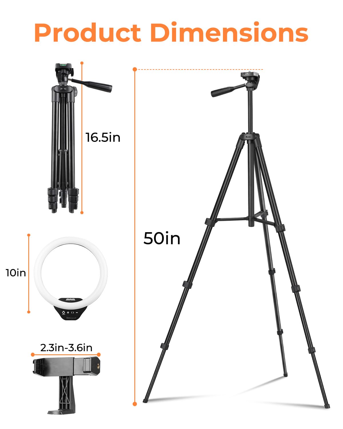 Sensyne 10'' Ring Light with 50'' Extendable Tripod Stand, LED Circle Lights with Phone Holder for Live Stream/Makeup/YouTube Video/TikTok, Compatible with All Phones