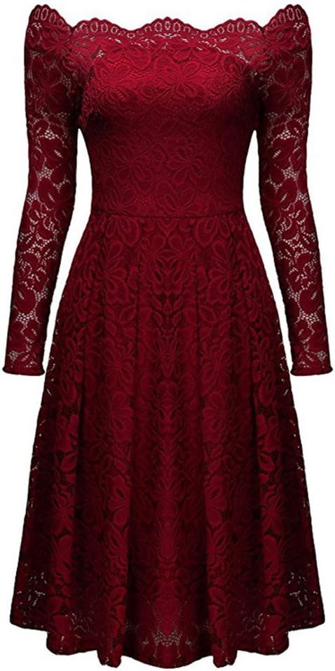 Soucool Womens Vintage Floral Lace Christmas Dress Long Sleeve Cocktail Wedding Party Dresses