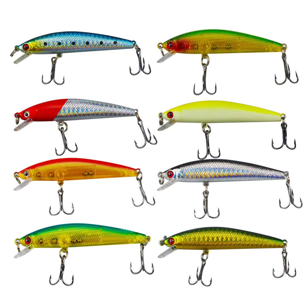 Senven Lures Artificial Bait Minnow Fishing Hook - 8Pcs, Ecological Soft Plastic, Stainless Steel, 102x18mm, 7.8g, Blue, Green, Orange, Red, Silver