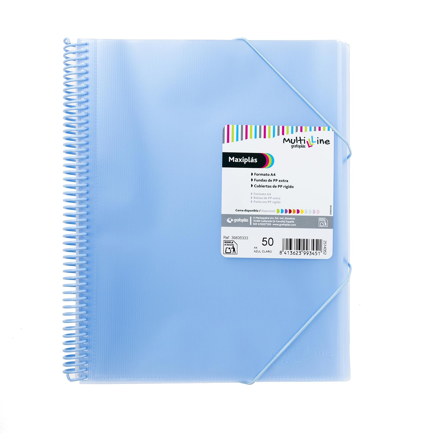 Grafoplás A4 Plastic Folder, Light Blue, 50 Extra Polypropylene Sleeves, Flexible Cover, Spiral Made of PVC, multiline Maxiplas, Perfect as School and Office Supplies