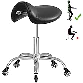SALONFACTORY Saddle Stool with Wheels 300 lbs Weight Capacity, Heavy Duty Rolling Stool for Medical Massage Salon Kitchen Spa Drafting Nail-Tech,Height Adjustable,360 Swivel,Wide Thick Seat Padding