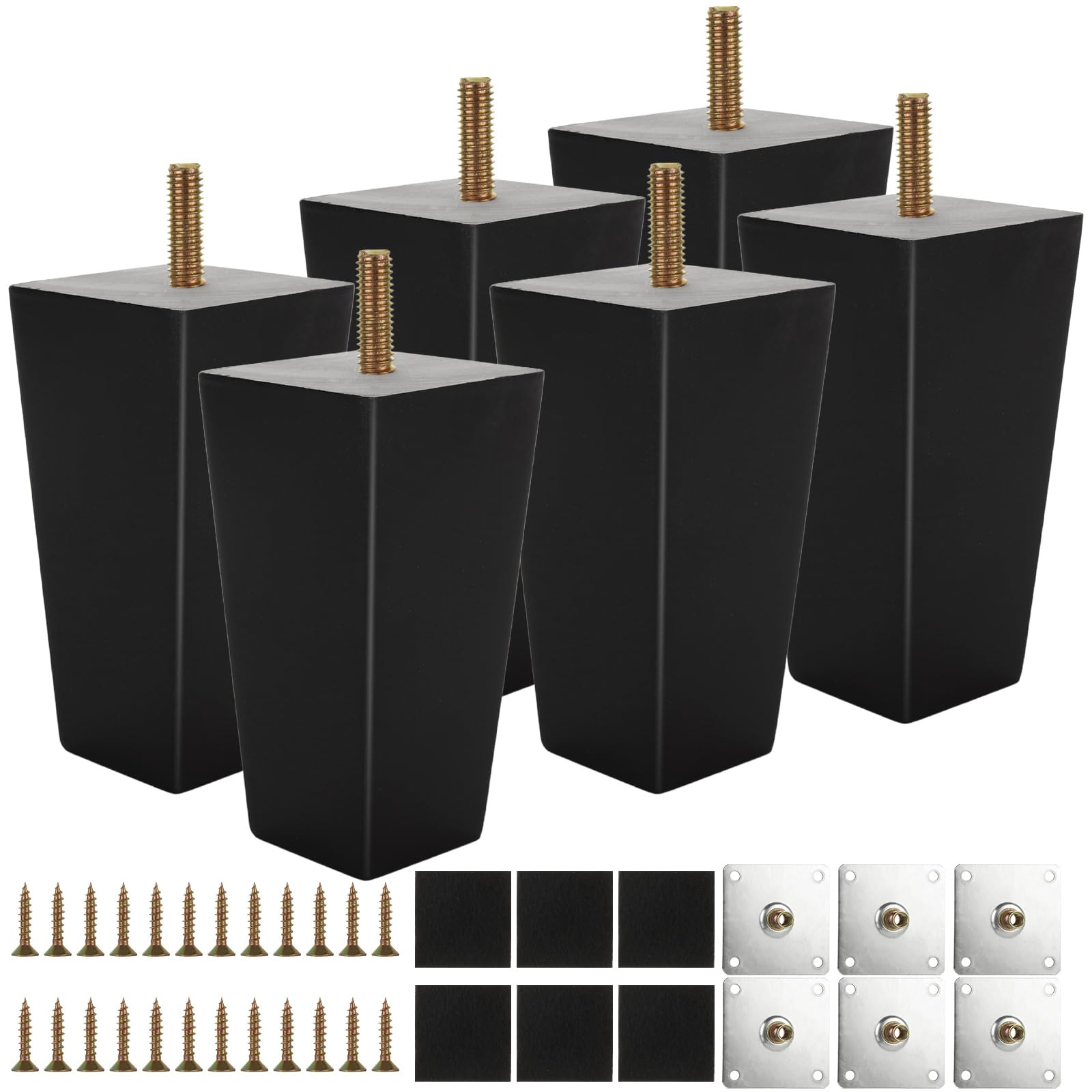 VIDETOL 6 PCS Wooden Furniture Legs, 10 cm Square Sofa Legs, Black Sofa Feet with Screws, Rubber Mats, Mounting Plate for Sofas, Cupboard, Couch