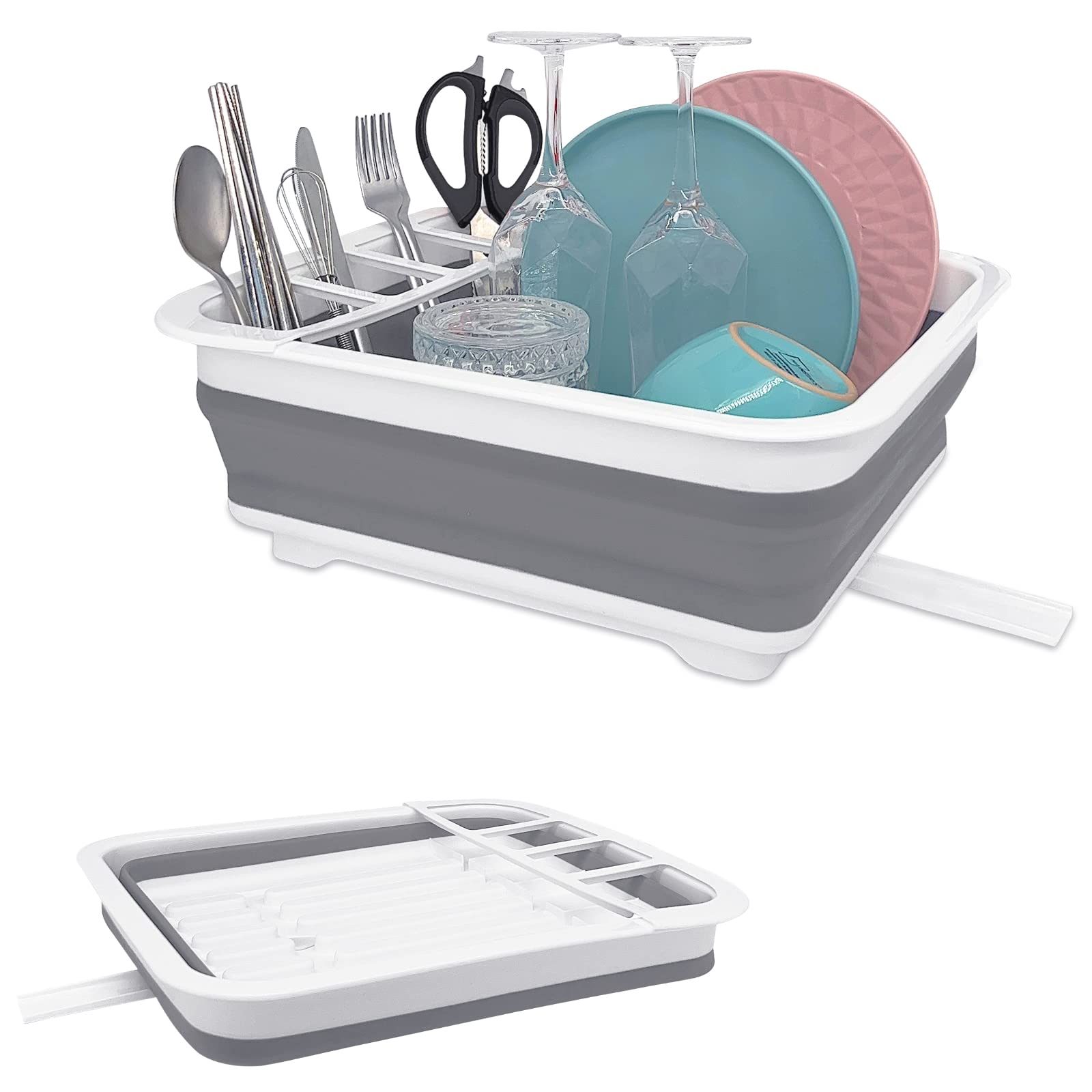 Goderewild Collapsible Dish Rack for Drying Dish，Space-Saving Foldable Dish Drainer - Dinnerware Storage Organizer for Kitchen Counter (Grey-drain plug-A)